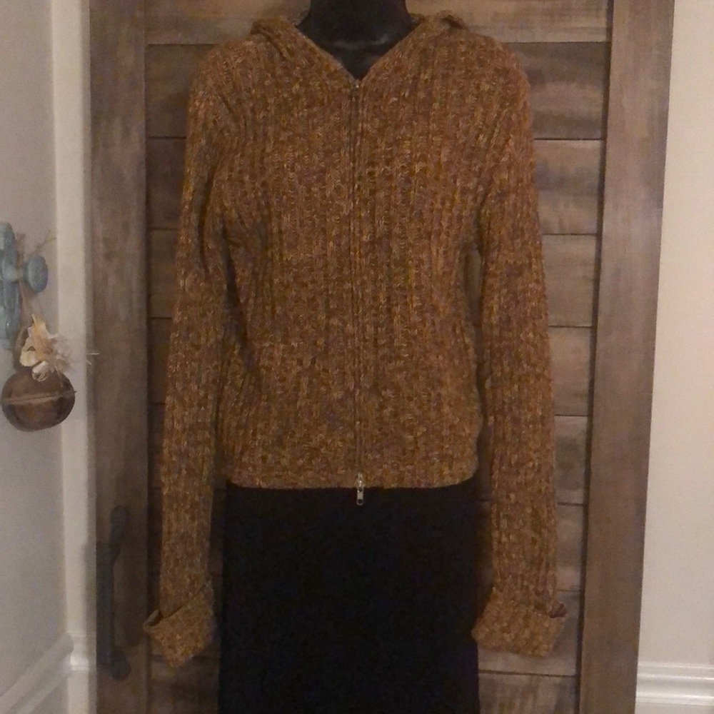 Brown zippered front sweater. Hooded